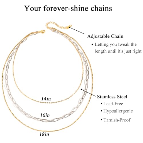 Stackable Chains Women 18K Plated Box Cuban Paperclip Layered Chain Choker Necklace Gold Silver Multi Chain Mixed Metal Stack Chains Set for Women - color: box chain necklace