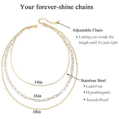 Stackable Chains Women 18K Plated Box Cuban Paperclip Layered Chain Choker Necklace Gold Silver Multi Chain Mixed Metal Stack Chains Set for Women - color: box chain necklace
