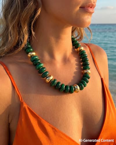 FIRAZIO Colorful Chunky Beaded Necklaces for Women | Trendy Statement Necklace Choker Necklace Boho Summer Beach Vacation Jewelry Gift - color: Green Beaded