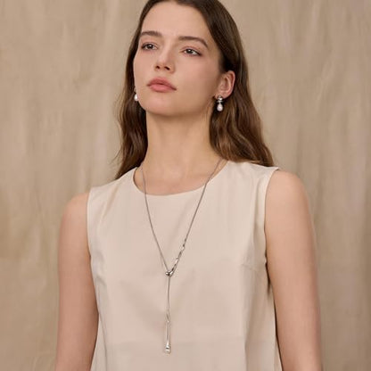 ARSIS Lariat Long Gold Necklace for Women, 18K Gold/Platinum Plated Y-Shaped Drop Dangle Pendant Necklace, Long Adjustable Pull Slider Chain Jewelry Gift for Her - color: Silver-waterdrop slider
