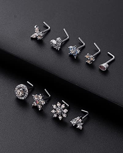 9Pcs Nose Rings Stud L Bone Screw Shaped Nose Ring Flower CZ Snowflake Butterfly Screw Nose Stud Body Piercing Jewelry for Women Men 20G Silver Gold Rose Gold Tone - color: A:Silver Tone