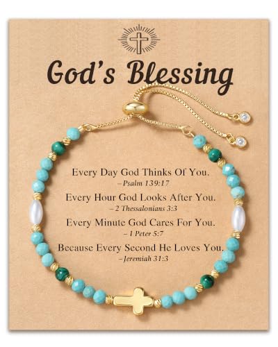 HGDEER God's Blessing Cross Bracelet for Women & Teens, Christian Gift | 14K Gold Plated, Natural Malachite & Turquoise Beads, Secure Adjustable Bolo Clasp, Hypoallergenic, Gift for Women & Teens - color: Multi-Green