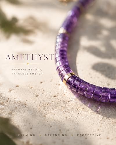 Natural Heishi Gemstone Choker Necklace for Women, Adjustable 15"+2" Beaded Layering Necklace, Coastal Beach Jewelry Gift for Her - color: Amethyst