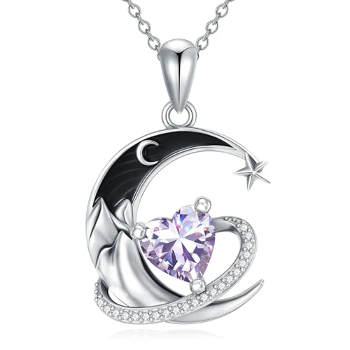 I Love You to the Moon and Back Necklace 925 Sterling Silver Black Crescent Moon Star Pendant with Heart Birthstone Necklace Anniversary Gothic Jewelry Gifts for Women Wife Lovers - color: 06-Light Violet