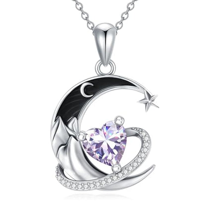 I Love You to the Moon and Back Necklace 925 Sterling Silver Black Crescent Moon Star Pendant with Heart Birthstone Necklace Anniversary Gothic Jewelry Gifts for Women Wife Lovers - color: 06-Light Violet