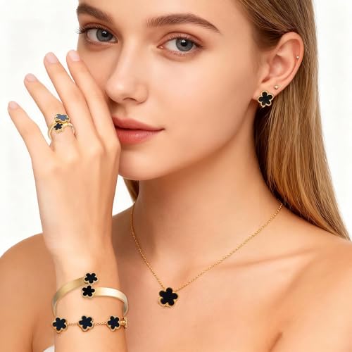 Lucky Flower Alloy Jewelry, Lucky Flower Design Necklace Earrings Bracelet Bangle Ring Jewelry Set, Clover Gold Plated Chain Wrap Ornament & Plush Pouch for Women - color: Black