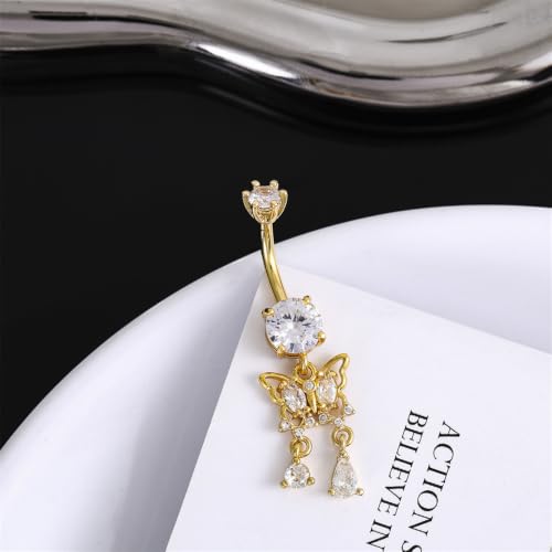 Butterfly Tassel Belly Button Ring 14G Stainless Steel | CZ Crystal Dangle Navel Barbell, Body Piercing Jewelry for Women