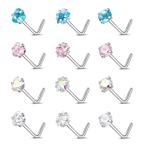 ZS 20G Nose Stud Rings Set, Stainless Steel CZ Nose Piercing Jewelry | Hypoallergenic Nose Bone Rings, L Shaped & Screw Nose Studs, 3mm CZ Stone Nostril Jewelry for Women Men - color: 12pcs L Shaped Style
