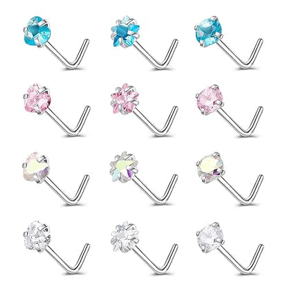 ZS 20G Nose Stud Rings Set, Stainless Steel CZ Nose Piercing Jewelry | Hypoallergenic Nose Bone Rings, L Shaped & Screw Nose Studs, 3mm CZ Stone Nostril Jewelry for Women Men - color: 12pcs L Shaped Style