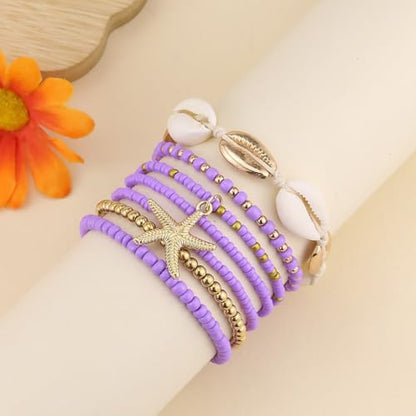 Bohemian Starfish Bracelets for Women - Adjustable Stackable Beach Bracelets, Handmade Stretchy Beaded Summer Jewelry, Perfect for Surf & Waterproof Fun - color: Purple