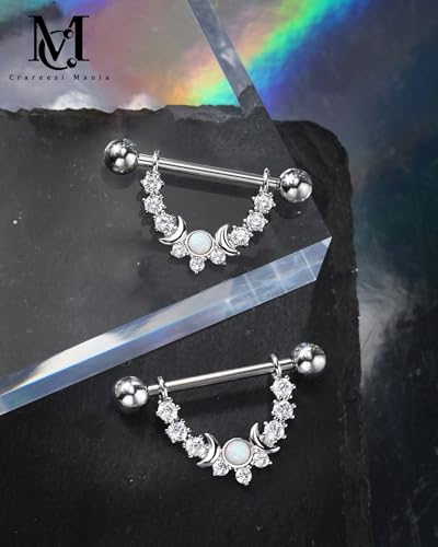 CM Crareesi Mania Opal Nipple Rings 316L Stainless Steel Nipple Shield Ring for Women 14G Moon Phase Nipple Piercing Jewelry - color: Silver-Double Moon
