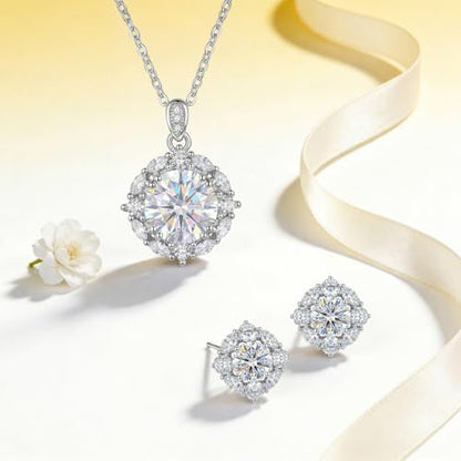 Cubic Zirconia Necklace and Earrings Set for Women 14K White Gold Plated Bridesmaid Silver Jewelry Set for Women Pendant Necklace Hypoallergenic Stud Earrings Set Jewellery Gift for Mom Wife Bride Bridesmaid - color: White-Round Shape