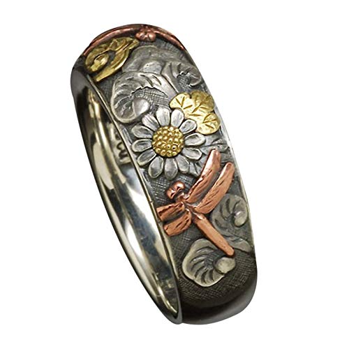 925 Sterling Silver Spinner Ring Meditation Ring Band Wide Hammered Worry Band - color: Dragonfly Flower