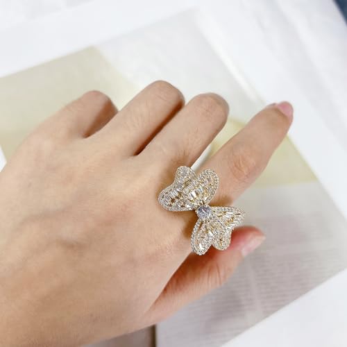 Luxury Rhinestone Bowknot Open Ring For Women Gold Silver Plated Adjustable Sparkly CZ Crystal Butterfly Finger Band Statement Bow Tie Ribbon Rings Fashion Shiny Wedding Promise Cocktail Jewelry For Her Gifts - color: Gold