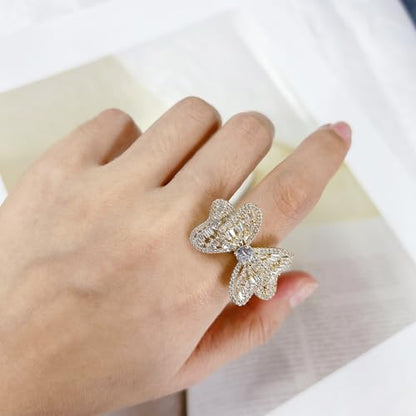 Luxury Rhinestone Bowknot Open Ring For Women Gold Silver Plated Adjustable Sparkly CZ Crystal Butterfly Finger Band Statement Bow Tie Ribbon Rings Fashion Shiny Wedding Promise Cocktail Jewelry For Her Gifts - color: Gold