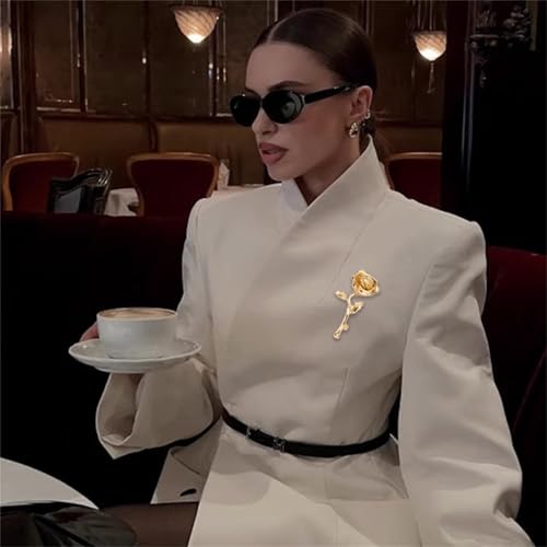 Red Rose Flower Brooches Pins for Women Men Elegant Crystal Flower Lapel Pin Retro Suit Hat Dress Accessories Wedding Valentine's Day Jewelry Gift - style: Gold