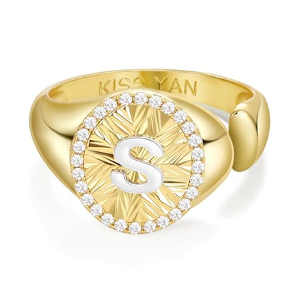 KissYan 14K Gold Plated Initial Ring for Women | Adjustable CZ Halo Letter Signet Ring, Personalized Monogram Statement Jewelry Gift, Tarnish Resistant - style: Letter S