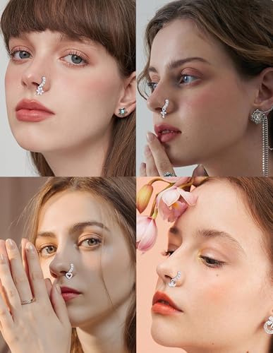 Akeoqi 12Pcs Nose Ring Hoop Cartilage Earring Cute Leaf Star CZ Butterfly Paved Nose Piercing Jewelry for Women men Silver Gold Plated 20G - color: D:Silver Drop