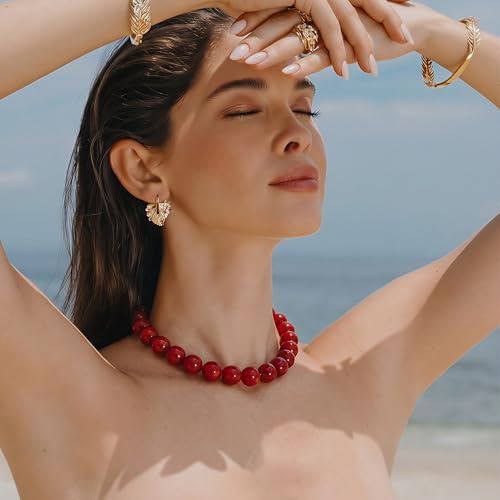 Multicolor Chunky Beaded Necklace, Statement Colorful Round Ball Beads Choker Necklace with Gold-Tone Adjustable Chain, Fashion Bold Neck Jewelry for Women - color: 20MM-Red