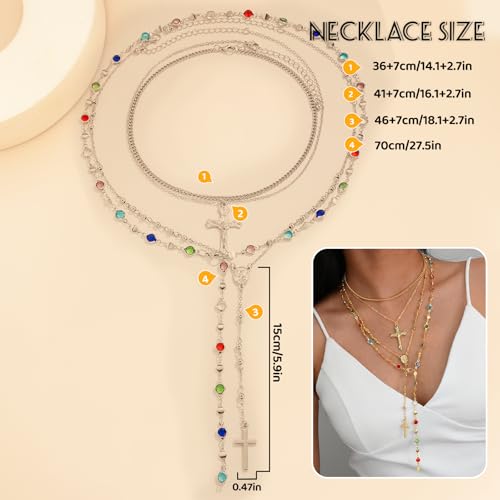 Layered Cross Necklace Set for Women, Layered Choker Necklaces Trendy Jewelry, Colorful Enamel Beaded Y-Shaped Lariat Necklace, Boho Multilayer Cross Necklace for Party and Daily Wear - color: Silver-02