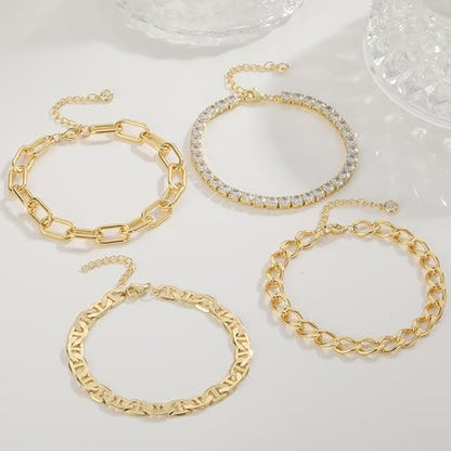 KOHOTA Chunky Gold Bracelets for Women Non Tarnish 14K Gold Plated Cuff Bracelet Stack Trendy Love Bangle Bracelets Stackable Tennis Bracelet Set Tie Knot Cuban Paperclip Figaro Chain Jewelry Gifts - color: C.Tennis bracelets