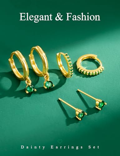 Freekiss 3 Pairs Hoop Earrings Set - Dainty Stud Dangle Cartilage for Women | Hypoallergenic Earrings, Cubic Zirconia Stackable Trendy Small Set Jewelry Gifts for Women - style: Emerald Style-GD