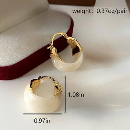 Retro Chunky Gold Brown Amber Hoop Earring, Trendy Boho White Resin Dangling Earrings for Women Dainty Minimalism Daily Party Jewelry Gifts Accessories - color: White