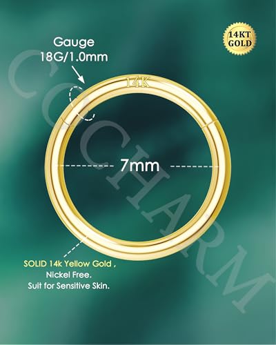 14K Solid Gold Nose Rings, Yellow Gold, 18g/16g/20g | For Women Man, Real Gold, 14Kt, Tiny Seamless Hoop, Nose Piercing, Cartilage Earring, Hypoallergenic - color: HoopA, size: 18g- 7mm