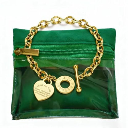 Charm Bracelet for Women 18k Gold/Silver/Rose Gold Plated Love Heart Elegant OT Clasp Stainless Steel Green Bag Packaging Jewelry Gift Birthday - color: 18k Gold, size: 7 inch