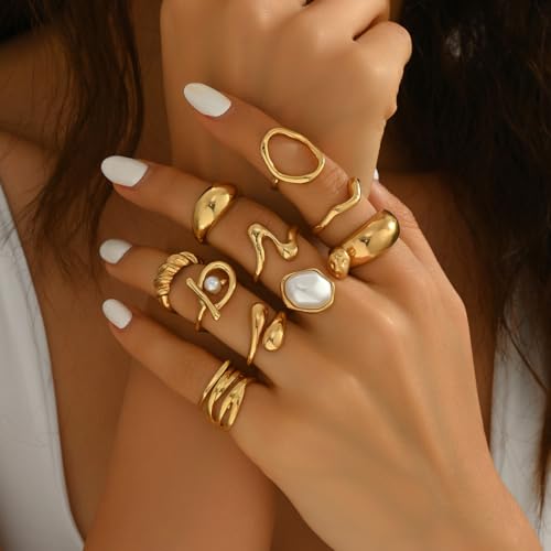 Chunky Gold Rings for Women Non Tarnish, Baroque Pearl Flower Tiger's Eye Stone Rings Adjustable Stacking Statement Rings Set Fashion Jewelry Gifts - style: Small Pearl