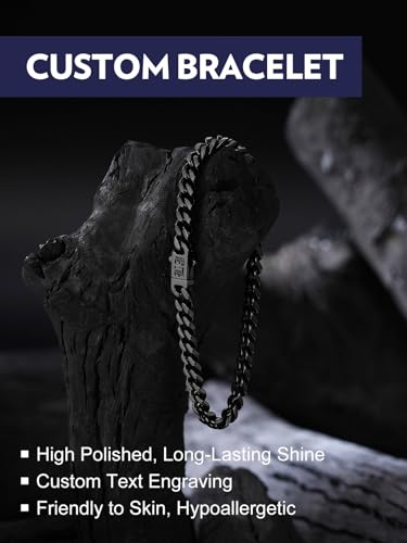 Bandmax Mens Hip Hop Cuban Link Bracelets 5/7/9/12MM Stainless Steel Miami Curb Chain Bracelet Silver/Gold Plated/Black Wristlet Chains for Men 7"-9" - color: 14 5MM Black-Custom