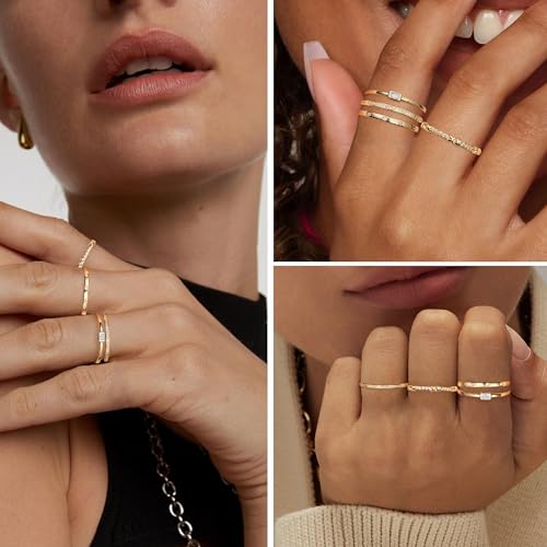 EXGOX Dainty Stackable Gold Rings - 14K Gold Plated, Non Tarnish Cubic Zirconia Stacking & Thumb Knuckle Rings (4pcs Size 7-11) - color: 4Pcs Thin Rings, size: 11