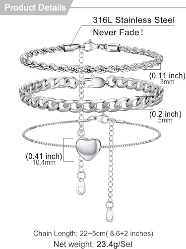U7 2Pcs/3Pcs Ankle Bracelets for Women, Stainless Steel Cuban Link/Figaro/Rope/Heart Chain Anklets Sets,Waterproof Layered Anklets Adjustable 8.5"-10.5" - color: 04. 3Pcs Style B-Stainless Steel