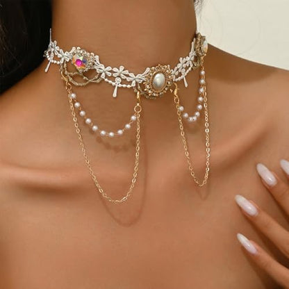 Gothic Lace Choker Necklace for Women, Pearl Sexy Tassel Adjustable Choker Necklace, Boho Halloween Jewelry for Festival Party Cosplay Costume Gifts - color: white Gold Pearl CZ