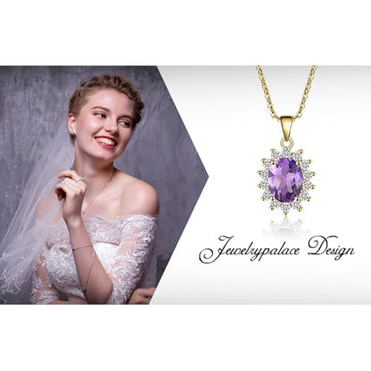 JewelryPalace Princess Diana Kate Middleton Natural Amethyst Citrine Garnet Peridot Topaz Created Ruby Sapphire Simulated Emerald Pendant Necklace for Women, 925 Sterling Silver Gemstone Jewelry Set - color: K-Yellow Gold Plated Brass-Purple CZ