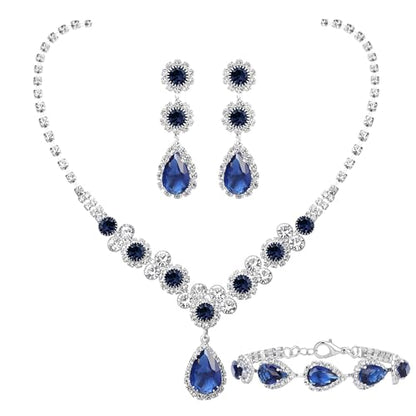 Paxuan Silver/Gold Rhinestone Crystal Wedding Bridal Bridesmaids Earrings Bracelet Set for Women Brides Bridesmaids Crystal Rhinestone Bracelet Earrings Set for Wedding Bridal Prom Pageant - color: Sapphire Blue
