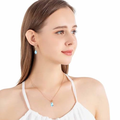Austrian Crystals Teardrop Pendant Necklace Earrings for Women 14K Gold Plated Hypoallergenic Leverback Drop Dangle Earrings Jewelry Set - color: Aquamarine