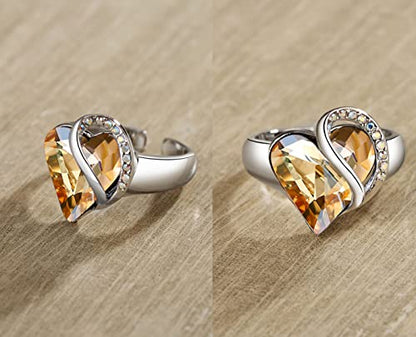 Leafael Infinity Love Women's Adjustable Crystal Heart Ring with Birthstone Crystals Healing Stones, Jewelry Gifts for Women, Birthdays Valentine's Day, Silver-Tone, Open End, Size 6.5-8 - color: 16b-November-Power-Golden Yellow Shade