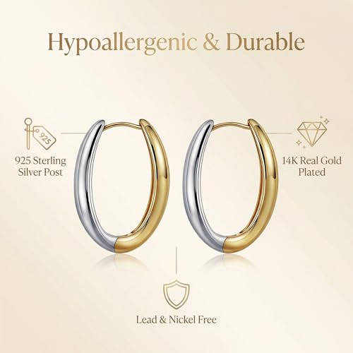 Trendy Two Tone Gold and Silver Oval Hoop Earrings, 14K Gold Plated | 925 Sterling Silver Post, Twisted Oval Design, Lightweight Small Chunky Huggie Hoops, Statement Jewelry Gift for Women
