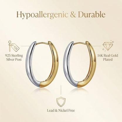 Trendy Two Tone Gold and Silver Oval Hoop Earrings, 14K Gold Plated | 925 Sterling Silver Post, Twisted Oval Design, Lightweight Small Chunky Huggie Hoops, Statement Jewelry Gift for Women
