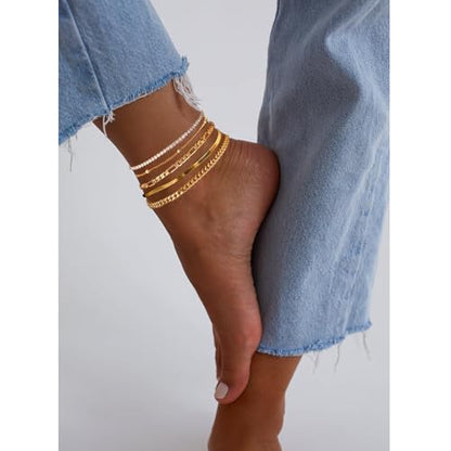 Gold Ankle Bracelets for Women,14k Gold Plated Anklets Waterproof Cuban Link Tennis Herringbone Beaded Chain Anklets Set Layered Anklet Bracelets for Women Adjustable Summer Beach Jewelry 5pcs - color: A:Gold cuban+bead+tennis+herringbone+figaro