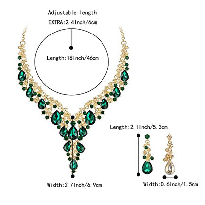 BriLove Women's Wedding Bridal Austrian Crystal Teardrop Flower Cluster Statement Necklace Dangle Earrings Jewelry Set for Party Prom - color: 2Pcs-Green Gold-Tone