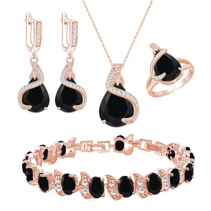 GZWHD Jewelry Set for Women Water Drop Cubic Zirconia Artificial Crystal Earrings Pendant Necklace Open Ring Tennis Bracelet Wedding Anniversary Birthday Engagement Gift for Bridesmaid Wife Girlfriend Friend - color: Rose Gold-Black