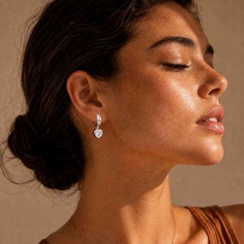 Gold Chunky Dangle Earrings for Women, Bezel Set Cubic Zirconia Charm | 14K Gold Silver Plated, Statement Huggie Hoops Drop Earrings, Trendy Jewelry Gifts, High Grade CZ, Hypoallergenic Lightweight - color: SL-Heart CZ Hoop