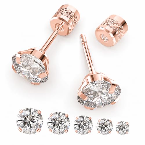 5-6 pairs Push-in Flat Back Stud Earrings Hypoallergenic Surgical Stainless Steel Cubic Zirconia Earrings Studs Set Multi-Pack, CZ Stud Earrings for Women Men Trendy Cartilage Stud Earrings 2-8mm - color: rose gold-4/5/6/7/8mm