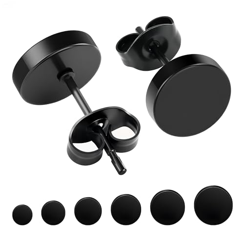 Hypoallergenic Black Stud Earrings for Men Women: 6 Pairs Flat Back Stainless Steel Cartilage Piercing Ear Tunnel 5mm-10mm - style: 6 Pairs-Black-(3-8mm)