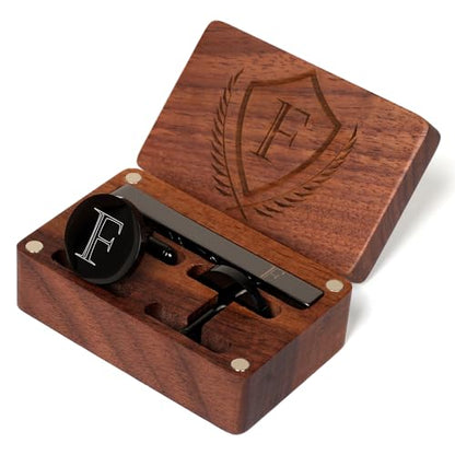 Mens Initial Cufflinks and Tie Clip A-Z Alphabet Letter Black Stainless Cuff Links Tie Bar with Engraved Walnut Wood Box Groom Groomsman Wedding Set - style: Classic-F
