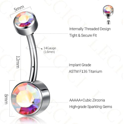 Titanium Floating Belly Button Rings 14G, ASTM F136 Implant-Grade Curved Barbell, Internal Thread with 6mm Teardrop Gems, Sparkle Navel Piercing Jewelry, 10mm/12mm Length - color: Silver-AB, size: 1/2"(12mm)