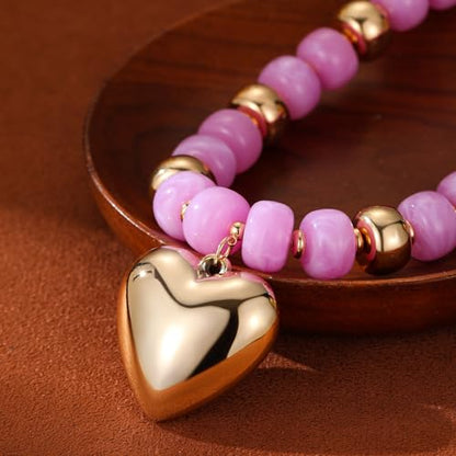 Resin Chunky Colorful Beaded Necklace | Adjustable Boho Statement Necklace,Summer Beach Party Jewelry - color: Heart-Pinkish-purple