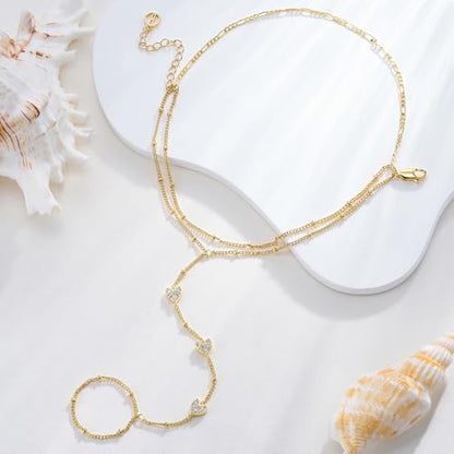 Cicy Bell Hand Chain Bracelets for Women 18K Gold Plated | Layered Stackable Dainty Ring Bracelets, Adjustable Satellite Bead Dot Link Finger Bracelets - color: Style G-Gold